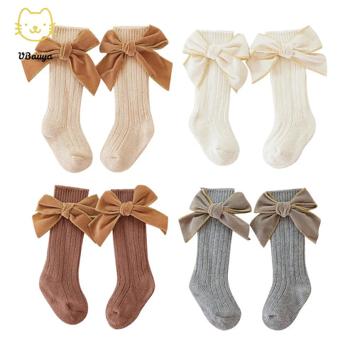 Baby Girls' 4-Pack Combed Cotton Knee High Socks with Bow Accent, Ruffled Tube Stockings, Smooth Seams for 0-5 Years Infants Toddlers