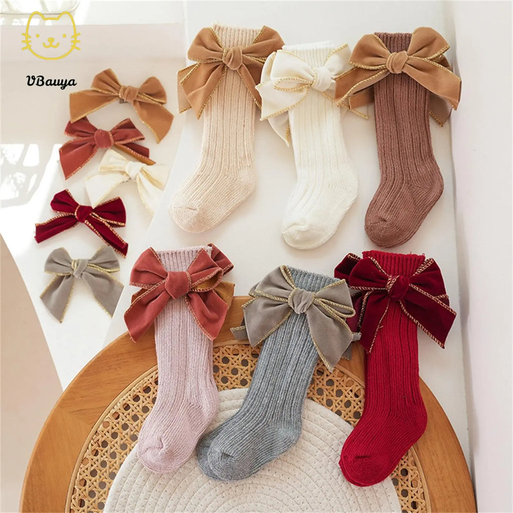 Baby Girls' 4-Pack Combed Cotton Knee High Socks with Bow Accent, Ruffled Tube Stockings, Smooth Seams for 0-5 Years Infants Toddlers