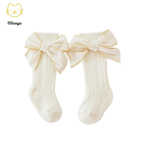Baby Girls' 4-Pack Combed Cotton Knee High Socks with Bow Accent, Ruffled Tube Stockings, Smooth Seams for 0-5 Years Infants Toddlers